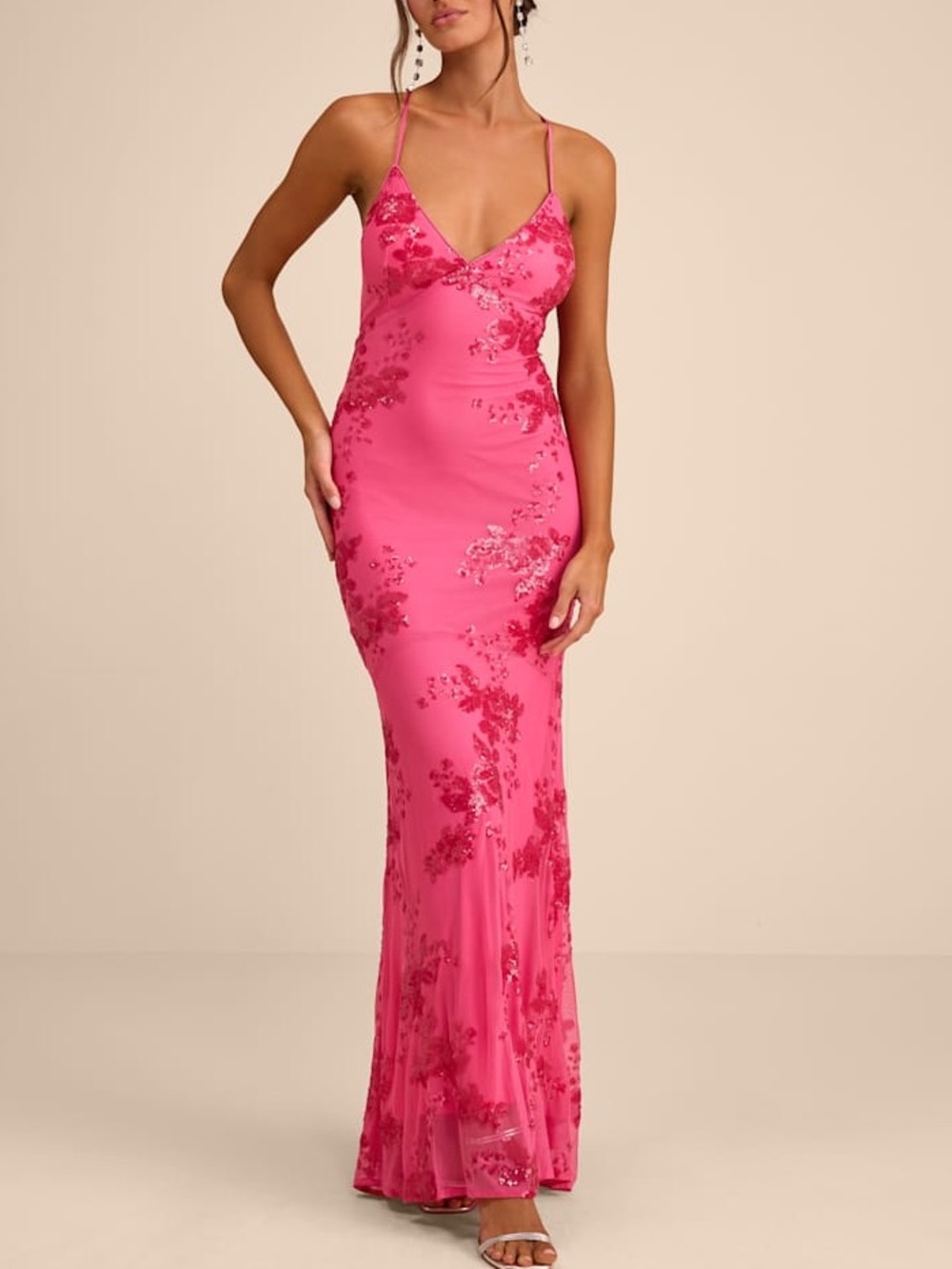 Lulus Hot Pink Sequin Lace-Up Maxi Dress Size S NWT